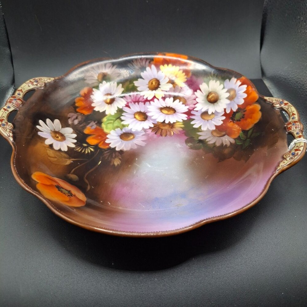 Hand-Painted Noritake Porcelain Serving Bowl Floral Design & Handles  Japan